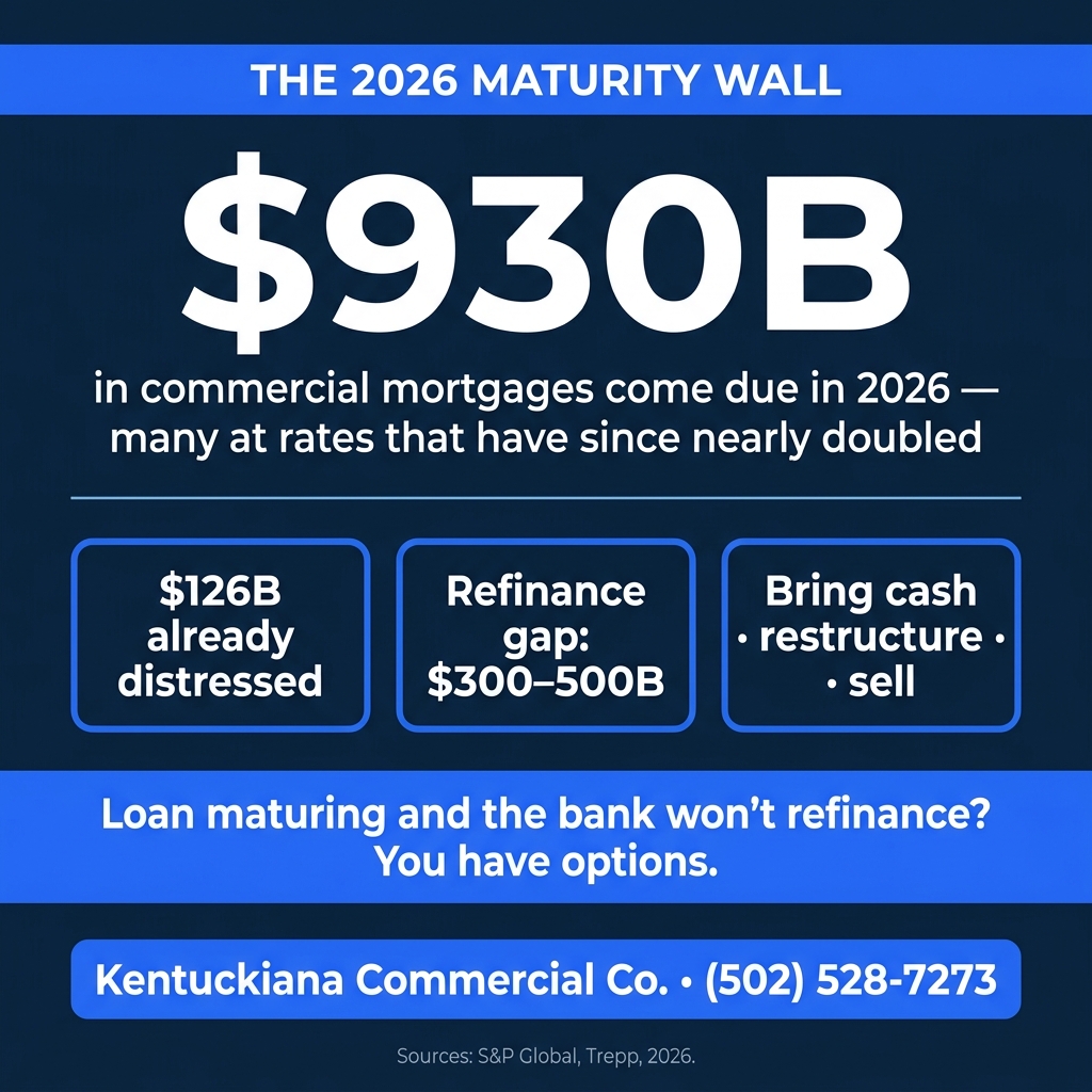 Infographic: roughly $930 billion in commercial mortgages mature in 2026, with a $300–500B refinancing gap
